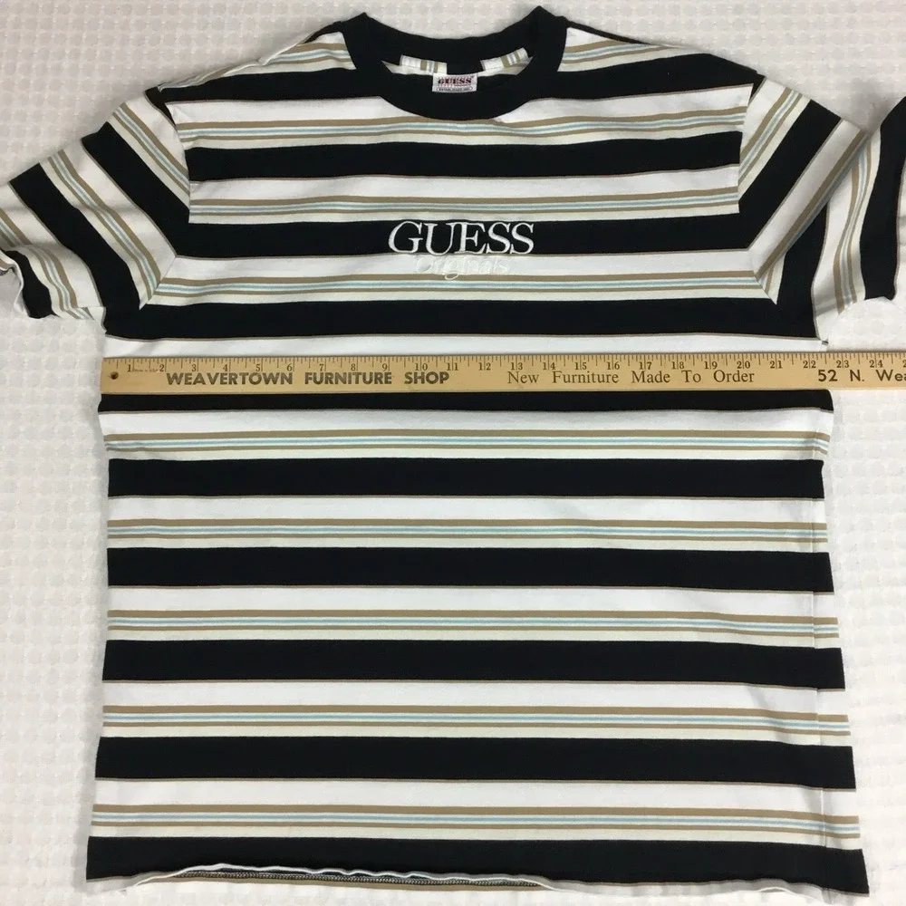 Guess Originals Men Striped T-Shirt Black White Tan Blue Embroidered Logo Size M - Picture 4 of 8
